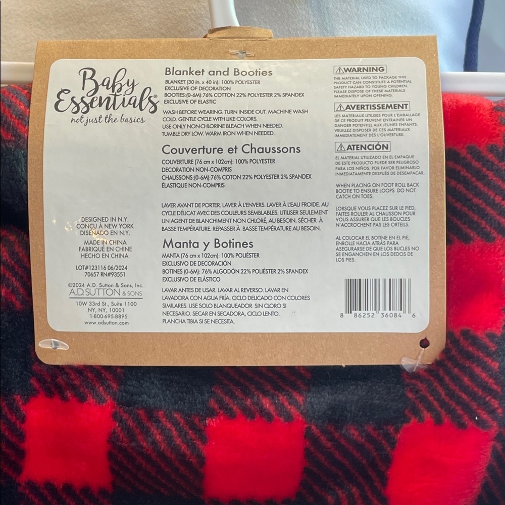 Baby Essentials Red and Black Plaid Blanket with Socks - Picture 5 of 6